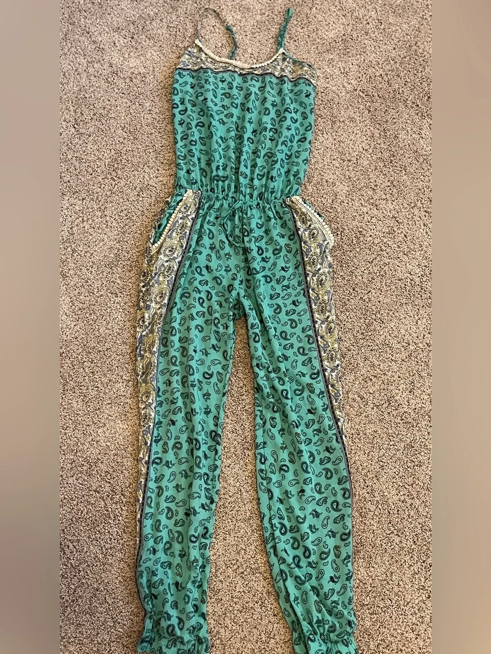 Vintage Havana Teal Leopard-Print Romper with Paisley Side Stripes